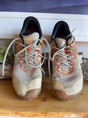 Merrell Tan and Brown Trail Running Shoes with Orange Accents